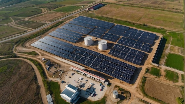 Vista aérea de una granja solar en un paisaje rural