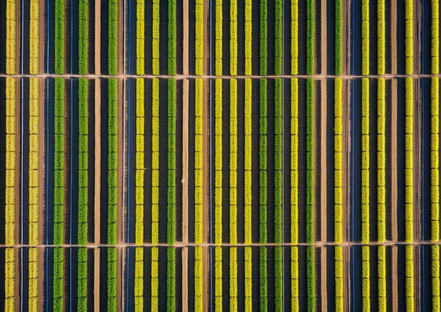 Una vista aérea de una granja de verduras con filas sobre filas de cultivos bien plantados que se extienden en el