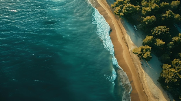 Vista aérea de la hermosa mar turquesa, la playa del océano y el destino de la caminata por el bosque de árboles.