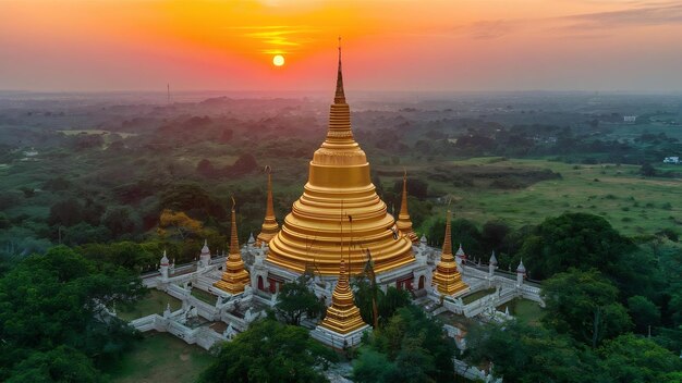 Foto vista aérea de la hermosa pagoda de gloden al atardecer