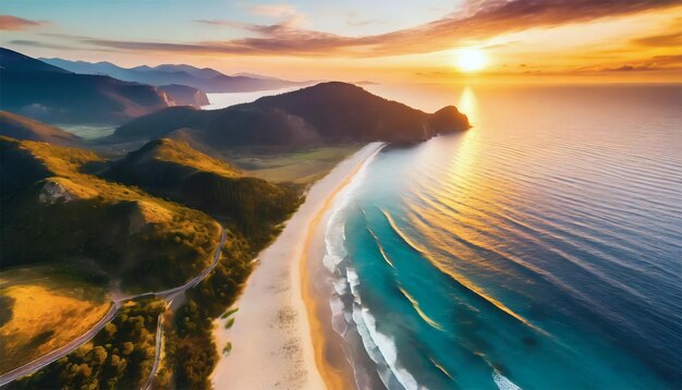 Vista aérea de la hermosa playa al atardecer