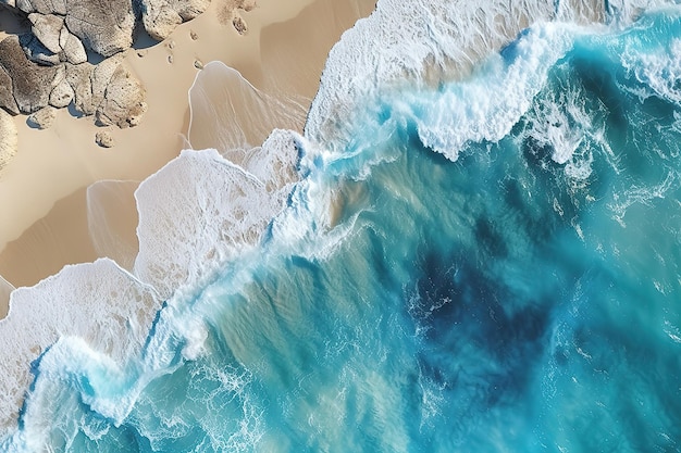 Vista aérea de la hermosa playa tropical con arena y agua turquesa del océano