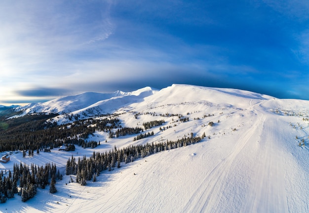 Vista aérea de las hermosas laderas de las montañas de invierno cubiertas de nieve y bosque de abetos en un día soleado sin nubes