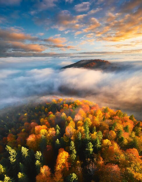Vista aérea de un hermoso bosque de otoño colorido en nubes bajas al amanecer Vista superior de naranja