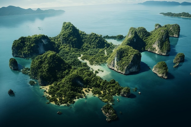 una vista aérea de un hermoso lago y una isla rocosa