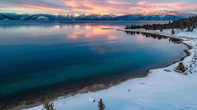 Vista aérea del hermoso lago Tahoe capturada en una puesta de sol nevada en California, Estados Unidos