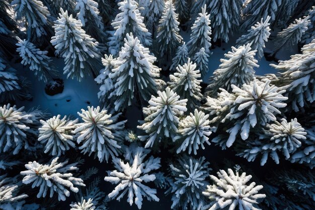 Vista aérea de un hermoso paisaje de invierno con abetos cubiertos de nieve