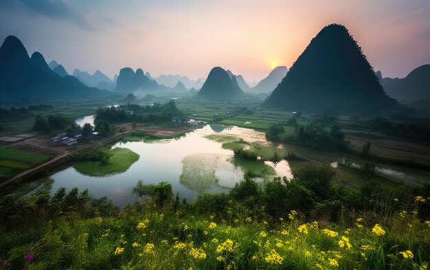 Vista aérea de los hermosos paisajes naturales de montaña y agua en Guilin China IA generativa