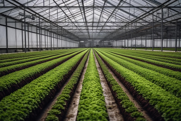 Vista aérea de hileras de plantas alquilables en un invernadero Generativo Ai