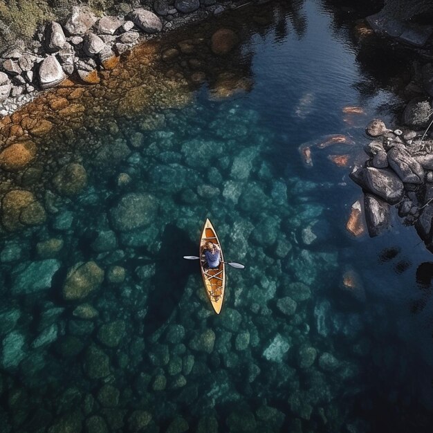 Vista aérea de un hombre en kayak en un lago tranquilo