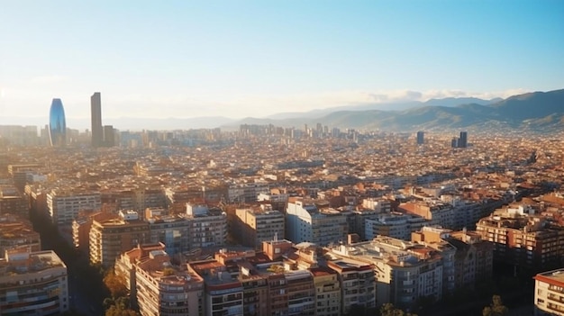 Foto vista aérea del horizonte de la ciudad de barcelona con la luz de la mañana