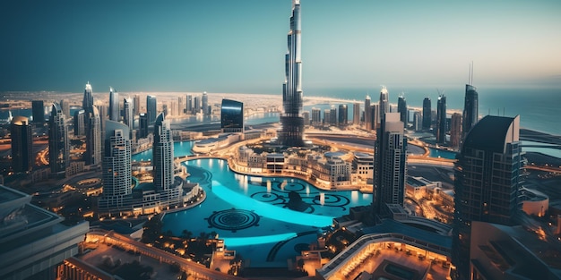 Foto vista aérea del horizonte de la ciudad de dubai al atardecer en los emiratos árabes unidos