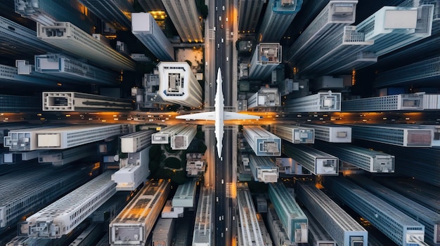 Vista aérea del horizonte de la ciudad de la metrópolis con drones