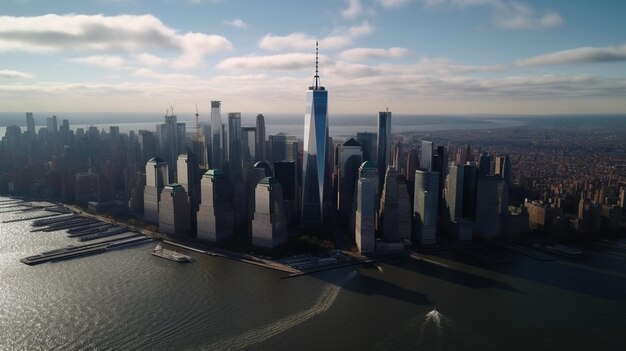 Vista aérea del horizonte inferior de Manhattan con un rascacielos en primer plano y la esquina inferior izquierda del edificio.