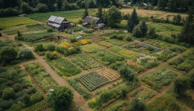 Vista aérea de una idílica escena rural con prados y flores generadas por inteligencia artificial