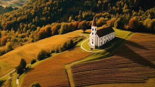 Vista aérea de una iglesia en las montañas