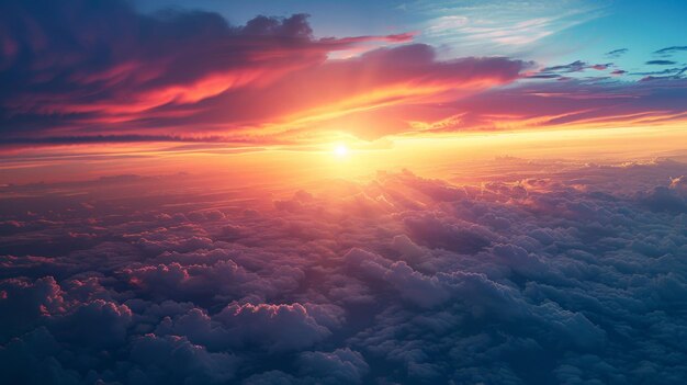 Vista aérea de un impresionante paisaje de nubes al amanecer desde encima de las nubes