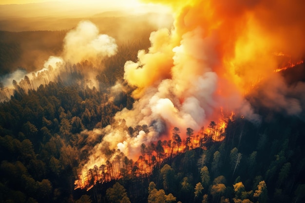 Vista aérea de un incendio forestal con nube de incendios forestales y árboles en llamas IA generativa