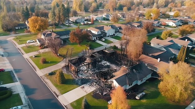 Vista aérea de un incendio en una zona residencial La casa está destruida IA generativa