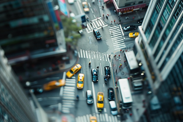 Vista aérea de la intersección de la ciudad ocupada al anochecer con IA generada