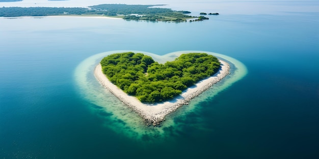 Vista aérea de la isla en forma de corazón en aguas cristalinas Perfecta para el Día de San Valentín y temas románticos