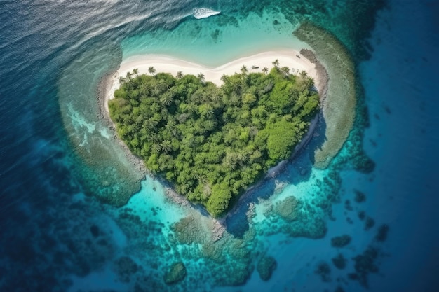 Vista aérea de la isla en forma de corazón en el mar AI generativa