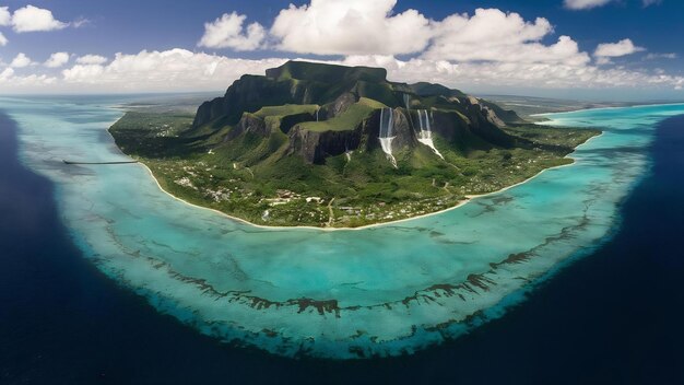 Vista aérea de la isla de Mauricio la montaña le morne brabant con cascada submarina y enfermedad óptica