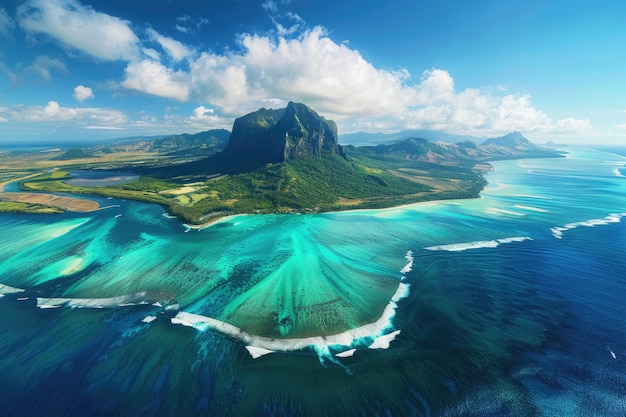 Vista aérea de la isla de Mauricio con Le Morne Brabant