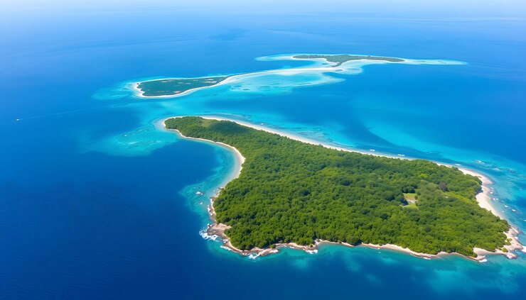 Foto vista aérea de isla rancheria, parte de la isla de coiba en panamá, mostrando sus serenas aguas azules