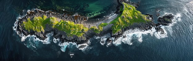 Vista aérea de una isla rodeada de olas oceánicas que chocan contra las costas rocosas