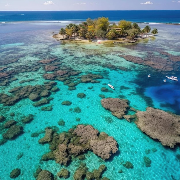 Vista aérea de la isla tropical con arrecifes de coral y palmeras