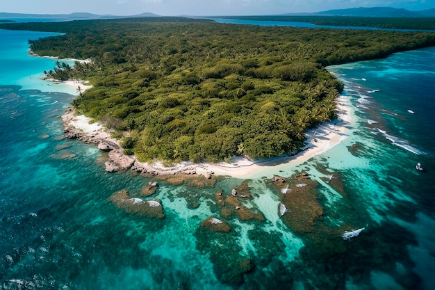 Una vista aérea de una isla tropical con un océano azul y una playa de arena blanca.