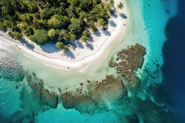 Una vista aérea de una isla tropical con palmeras en la orilla.