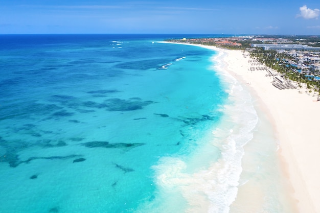 Vista aérea de una isla tropical con palmeras.