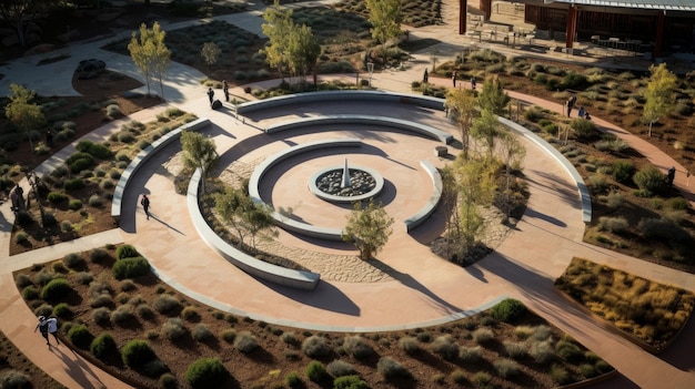 Una vista aérea de un jardín circular en un parque