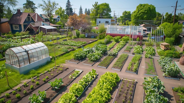 Una vista aérea de un jardín comunitario en la ciudad