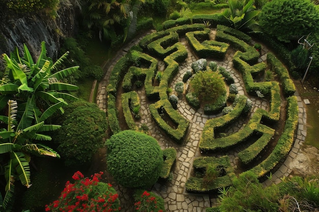 Una vista aérea de un jardín laberinto generado por la IA