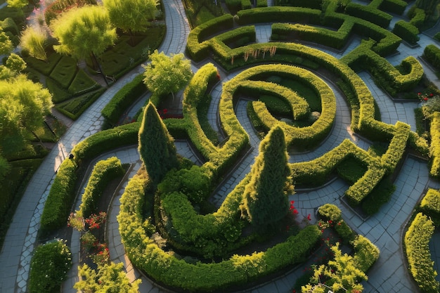Una vista aérea de un jardín laberinto generado por la IA