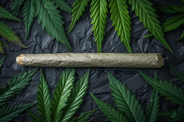 Foto vista aérea de un joint de cannabis con una hoja de marihuana