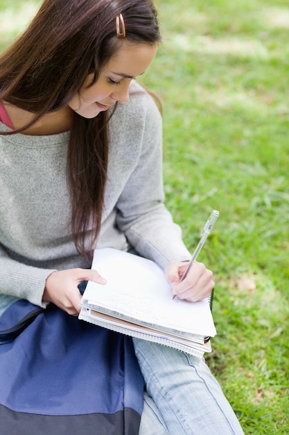 Vista aérea de una joven estudiante sentada en un parque con sus libros escolares