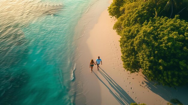 Vista aérea de una joven pareja caminando de la mano en una playa desierta de arena blanca de exuberante vegetación enmarcando la playa la luz de la madrugada proyectando un suave resplandor en la escena hiperrealista IA generativa