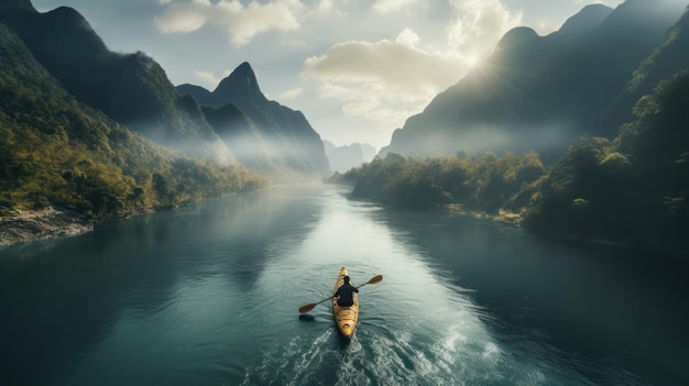 Foto vista aérea jóvenes remando un kayak en un río rodeado de montañas de niebla