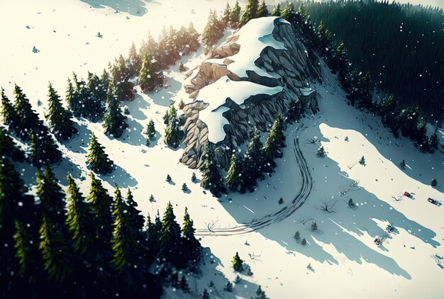 Vista aérea de una ladera de montaña cubierta de pinos cubierta de nieve