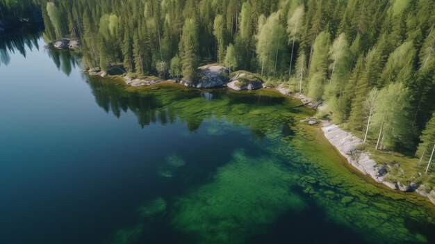 Vista aérea de un lago de agua azul y bosques verdes de verano en Finlandia Recurso creativo Generado por IA
