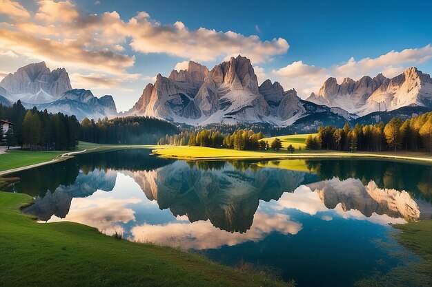 Vista aérea del lago Antorno Dolomitas Paisaje montañoso del lago con el pico de los Alpes Misurina Cortina diAmpezzo Italia Reflejado el famoso Tre Cime di Lavaredo