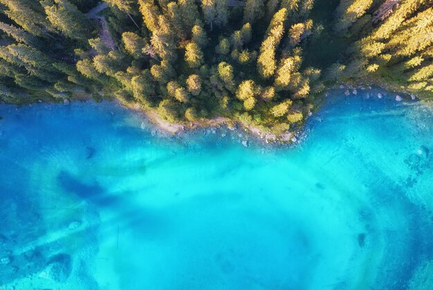 Vista aérea del lago y el bosque Paisaje natural desde un dron Paisaje aéreo desde el aire en los Alpes Dolomitas Italia