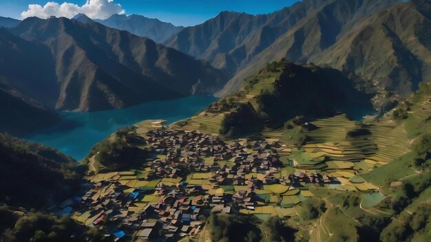 Vista aérea del lago Kaltal en Gorkha, Nepal