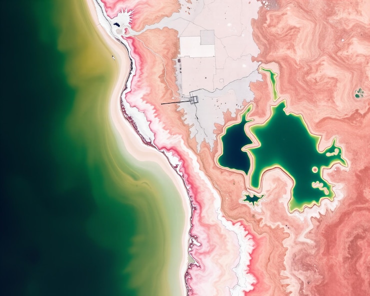 Vista aérea de un lago salado con colores y texturas dramáticas