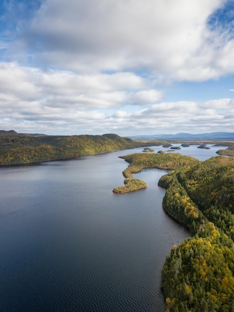 Vista aérea de un lago durante un vibrante día soleado