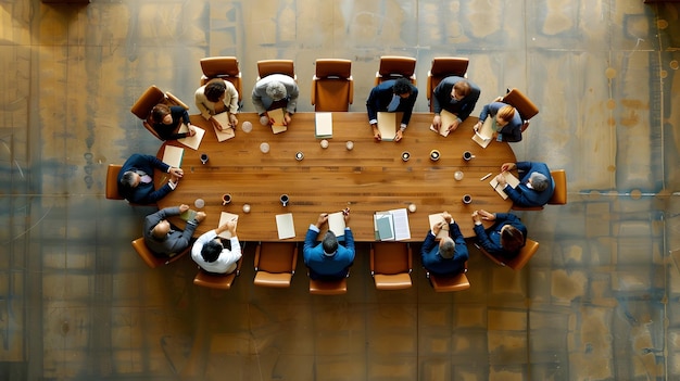 Vista aérea de líderes empresariales reunidos alrededor de una mesa de conferencias en una reunión corporativa